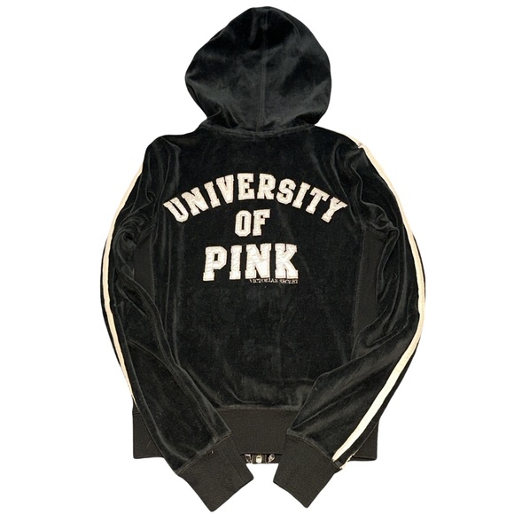RARE Y2K VS PINK women's black velour "university of pink" sweater, size XS. - Picture 1 of 5